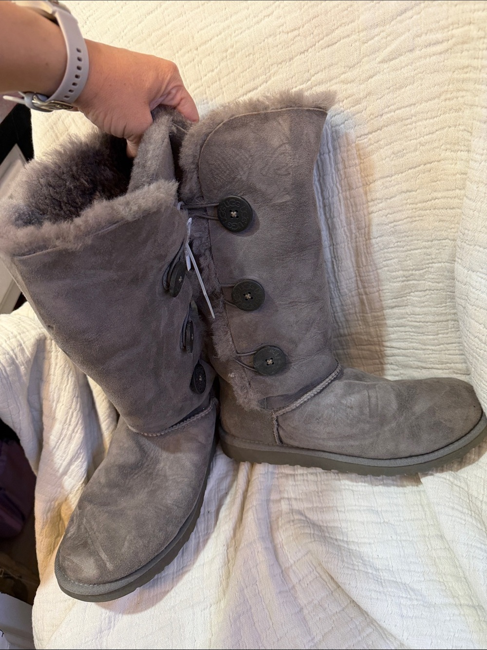 UGG Tall Button-Trim Shearling Boots in Gray